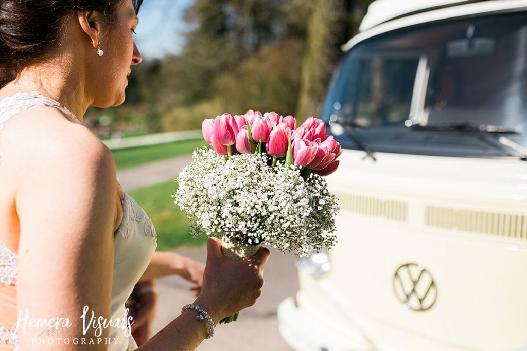 Threave gardens wedding bride vw camper flowers